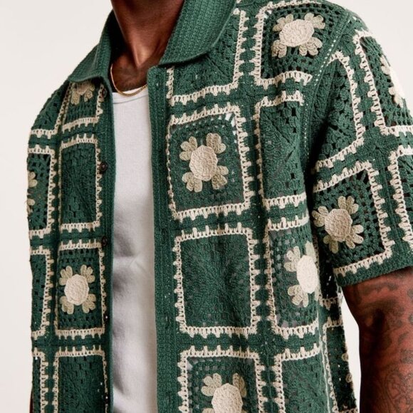 Abercrombie & Fitch Sweater Mens Medium Green Crochet Floral Knit Button Up - Picture 2 of 9